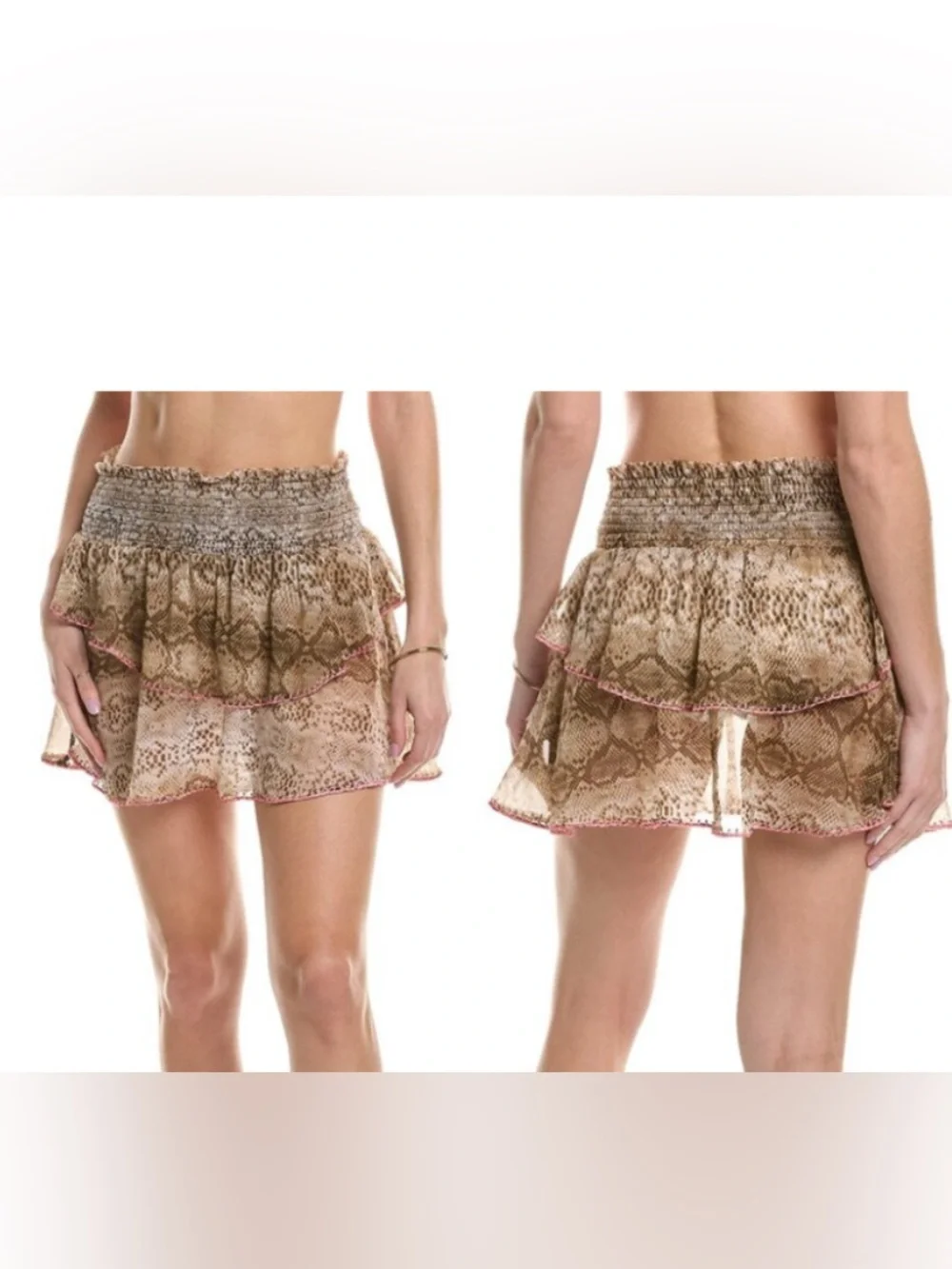 Ramy Brook Brown Snakeskin Ruffle Pink Trim Sheer Ruffle Mini Skirt Size M
